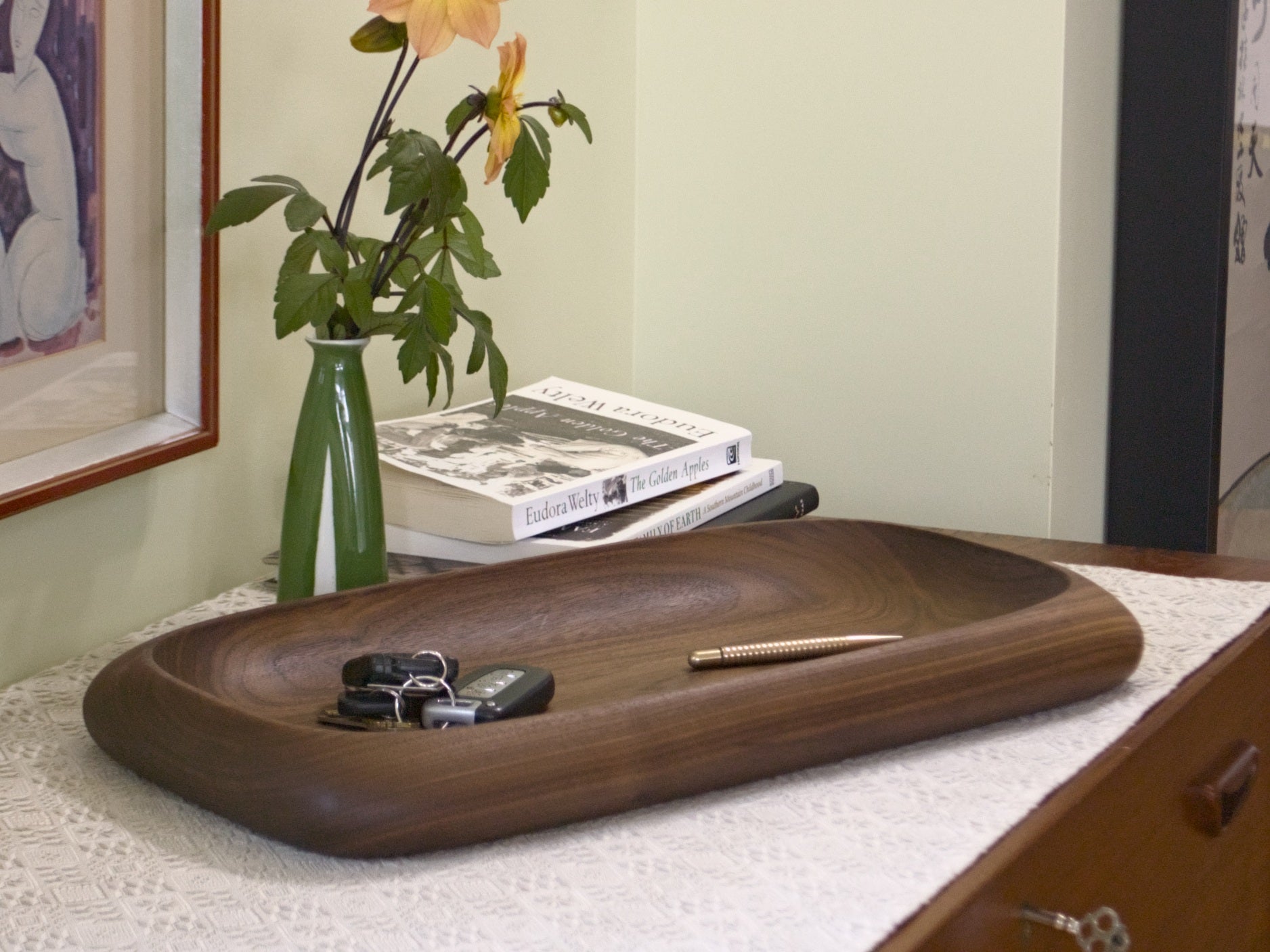 Large wooden entryway tray