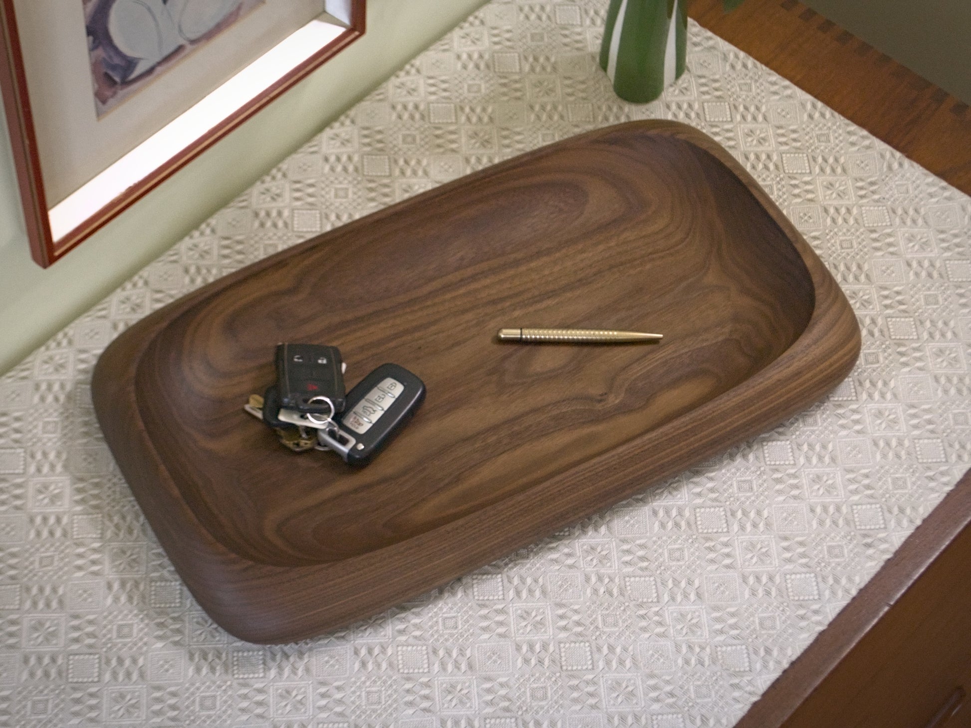Large wooden catchall tray top view