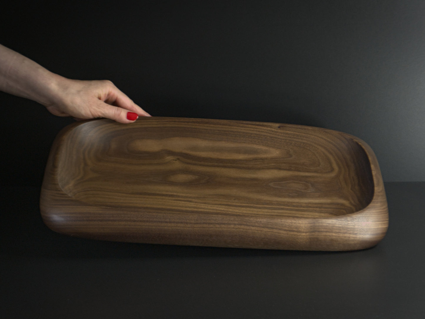 Large wooden presentation tray persp view with hand